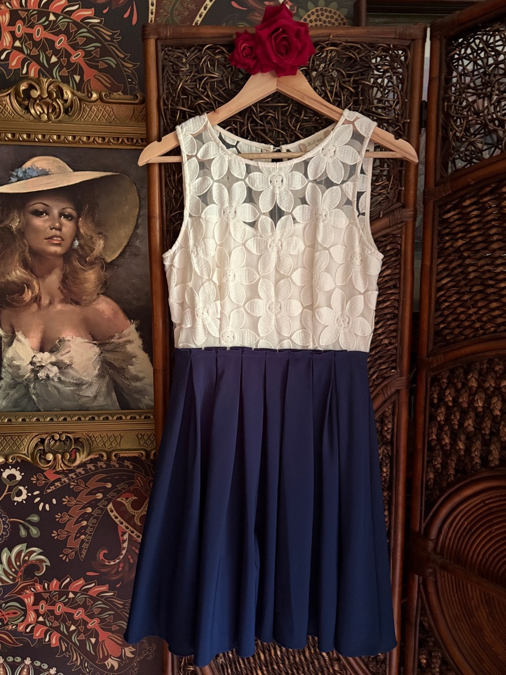 Altar’d State Floral Embroidered Dress S Navy White Fit Flare Romantic Preppy